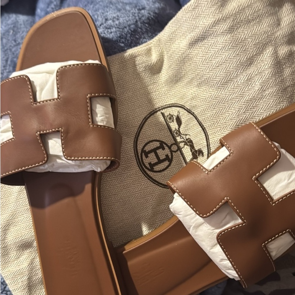 Hermès Tan Leather Slides